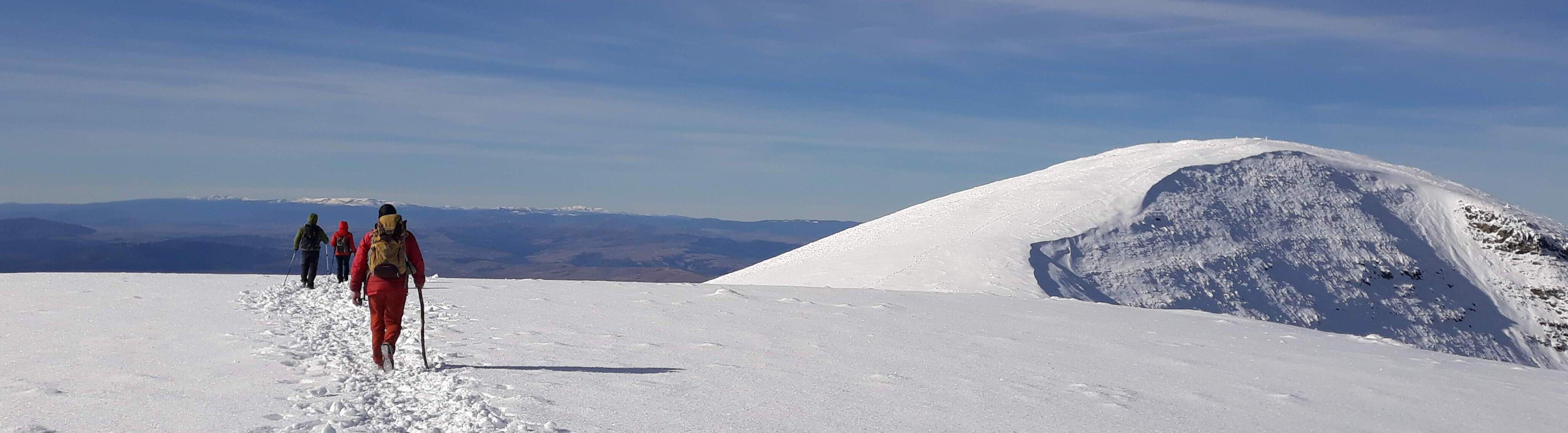 Foto de personas caminando en una montaña nevada
